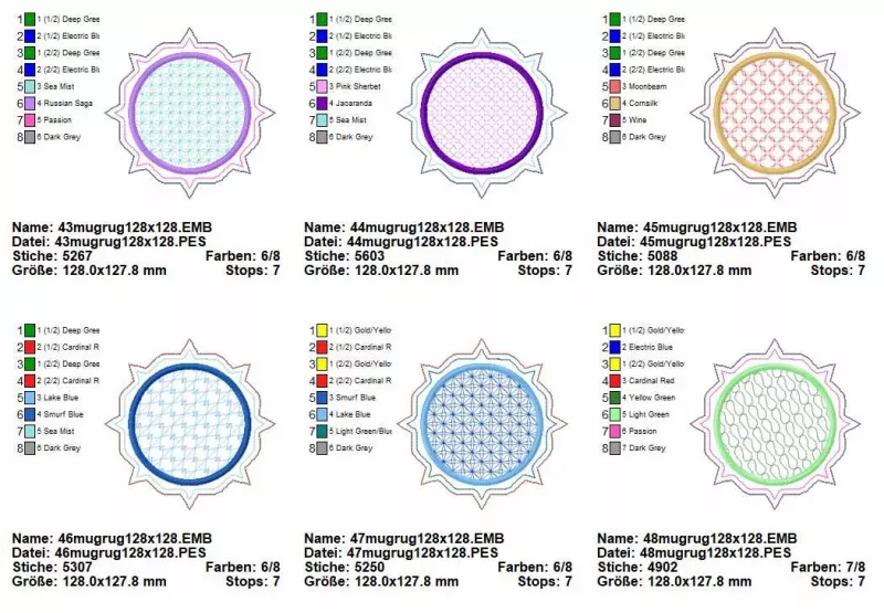Stickdatei Set ITH Mug Rug 6, Übersicht über sechs Tassenuntersetzer verschiedener Farbzusammensetzungen. Kreisrundes Zentrum auf strahlenartigem zum Rand abgestepptem Untergrund. Kreiszentrum jeweils mit dicker Stickumrandung, auf der Oberfläche mit fili