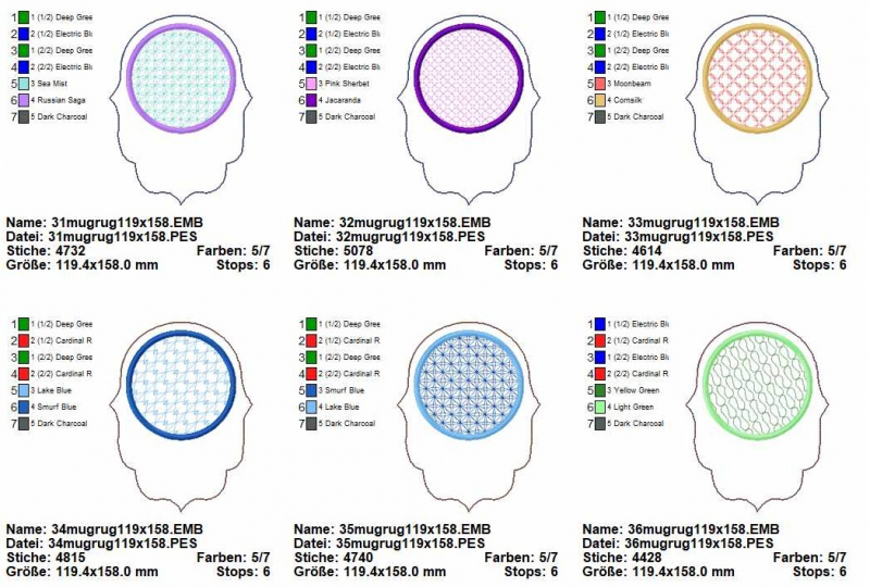 Stickdatei Set ITH Mug Rug 7 mit sechs Varianten in der Übersicht. Identisch ist je der längliche Untergrund, welcher zur einen Seite rund und zur gegenüberliegenden Seite gebuchtet und mit einer Spitze am Ende versehen ist. Am Übergang der runden Seite z