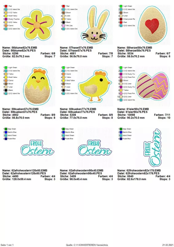 Stickdatei Set Oster-Stabdesigns, Übersicht mit 9 Designs. 1 mal Blüte; 1 mal Hasenkopf; 1 mal Ei mit Herzstick; 1 mal Küken in Eierschale; 1 mal laufendes Küken; 1 mal Osterei-Doppel; 3 mal Schriftzug "Frohe Ostern".