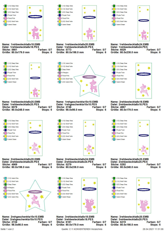 Preview: Stickdatei Set ITH Reh-Bestecktaschen inkl. Datei für eine Geschenktasche in Sternform, Datei mit 12 Übersichten. 10 mal längliche Bestecktaschen mit Sternen, Motive: diverse Rehe, Rehkopf. 2 mal Sterngeschenktasche mit Einstecköffnung, diverse Rehe.