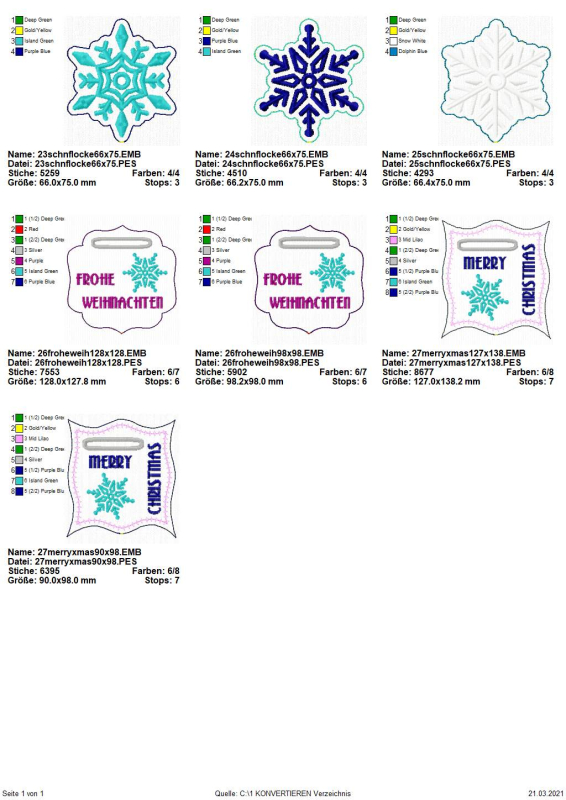 Preview: Stickdatei Set Weihnachts-Stabdesigns, Übersicht mit 7 Designs: 3 mal unterschiedliche Eiskristalle; 4  mal Design mit Einstecköffnungen, Eiskristallbestickung und Schriftzügen (2 davon schildartig mit 