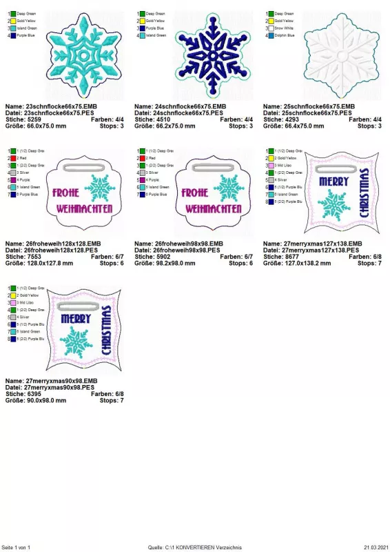 Stickdatei Set Weihnachts-Stabdesigns, Übersicht mit 7 Designs: 3 mal unterschiedliche Eiskristalle; 4 mal Design mit Einstecköffnungen, Eiskristallbestickung und Schriftzügen (2 davon schildartig mit "Frohe Weihnachten"; 2 davon rahmenartig mit "Merry C