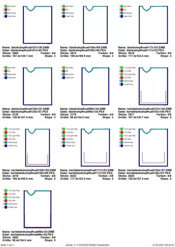 Stickdatei Set BLANKO ITH Impfpasshüllen (5 Größen), Übersicht mit 10 Hüllen unterschiedlicher Abmessungen: 6 mal Blanko; 4 mal Blanko mit offenem Halbrahmen im unteren Teil.