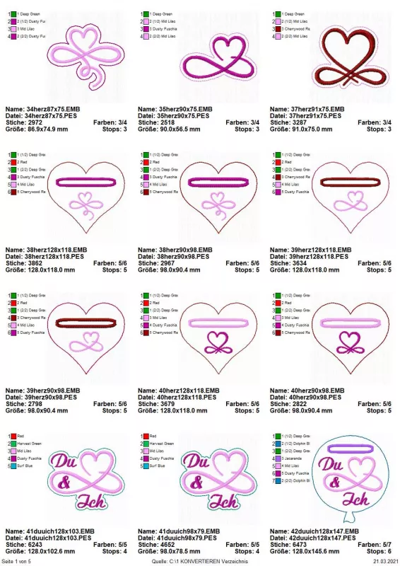 Stickdatei Set Liebe & Hochzeit - Stabdesigns, Übersicht mit 12 Designs in Varianten. 5 mal Schnörkelherz (2 davon Schriftzug "Du & Ich"); 6 mal Herz mit Herzstick und Einstecköse; 1 mal Luftballon mit Herzstick, Einstecköse, Schriftzug "Du & Ich".