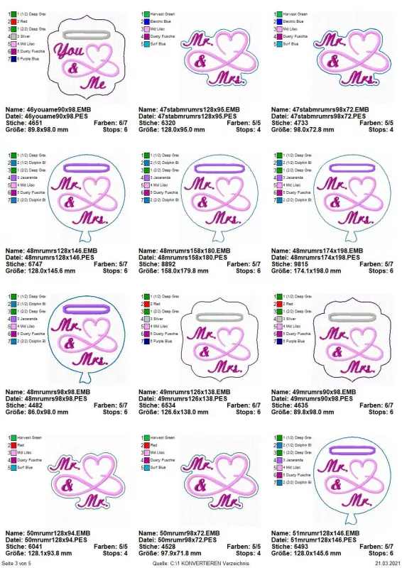Stickdatei Set Liebe & Hochzeit - Stabdesigns, Übersicht mit 12 Designs. Mit Einstecköse: 3 mal Schnörkelrahmen, Herzstick, Aufschrift "Mr. & Mrs.", bzw. "You & Me"; 5 mal Luftballon, Herzstick, Aufschrift "Mr. & Mrs."; 4 mal Schnörkelherz, Aufschrift "Mr