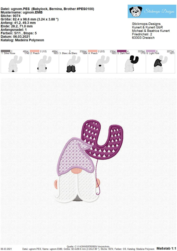 Preview: Freebie Stickdatei Gnom 3 von 3, Übersicht mit 6 Einzeldateien zur Erstellung eines Gesamtmotivs, das darunter als Abbildung zu sehen ist. Rot-rosa-weißer Gnom, in der Hand ein Luftballon in Form des Buchstaben 