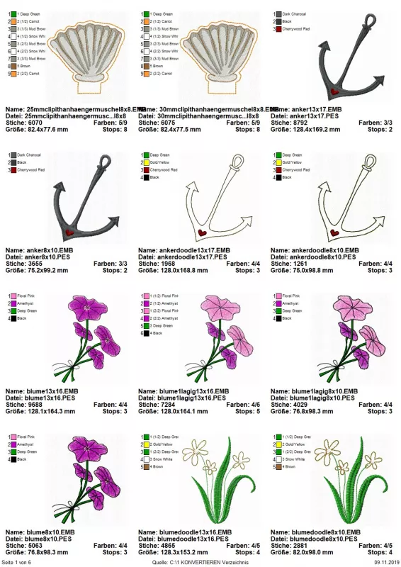 Stickdatei Set Unterwasserwelt, Übersicht mit 12 Dateien. 2 mal Muschel; 4 mal Anker; 4 mal Blumengebinde; 2 mal seegrasartige Blume.