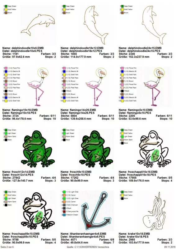 Stickdatei Set Unterwasserwelt, Übersicht mit 12 Dateien. 3 mal Delfin; 3 mal Flamingo; 4 mal Frosch; 1 mal Anker; 1 mal Krake.