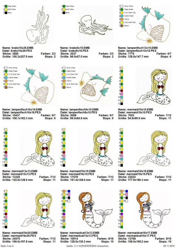 Stickdatei Set Unterwasserwelt, Übersicht zeigt 12 Dateien. 2 mal Krake; 3 mal Anglerfisch; 7 mal Meerjungfrau in 2 unterschiedlichen Ausführungen.