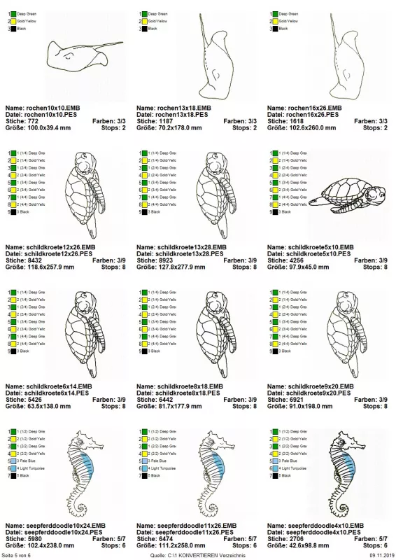 Stickdatei Set Unterwasserwelt, Übersicht mit 12 Dateien. 3 mal Rochen; 6 mal Schildkröte; 3 mal Seepferdchen.