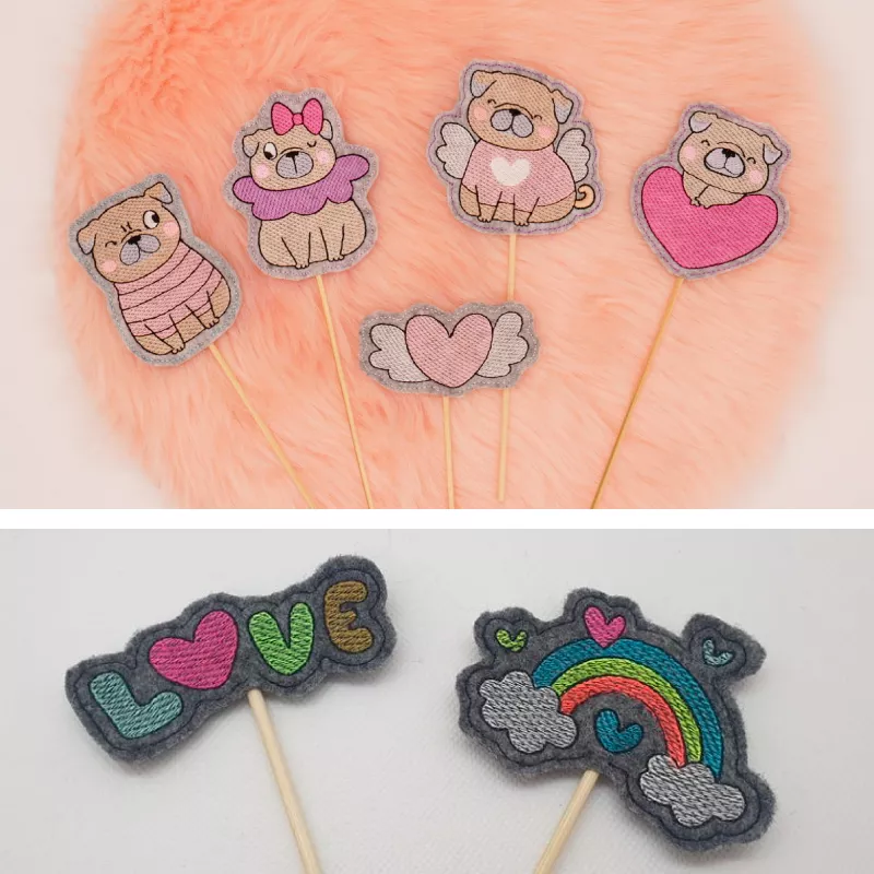 Stickdatei Valentinsmöpse mit Regenbogen und Herz