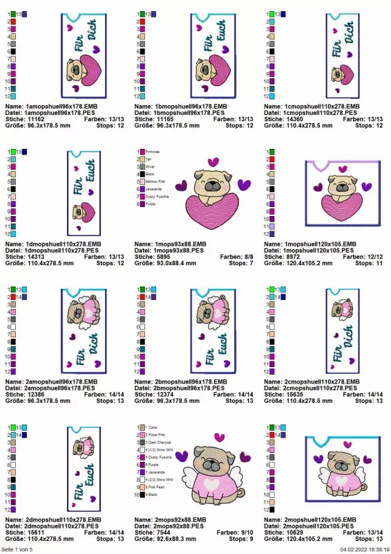 Stickdatei Set Valentinsmöpse ITH Geschenk- und Schokoladenhüllen, Übersicht über 12 Designs. Geflügelter Mops; Herz-Portrait-Mops; Längliche Hüllen: Herz-Portrait-Mops mit Schriftzug "Für Dich" oder "Für Euch", jeweils in breit und in schmal; geflügelter