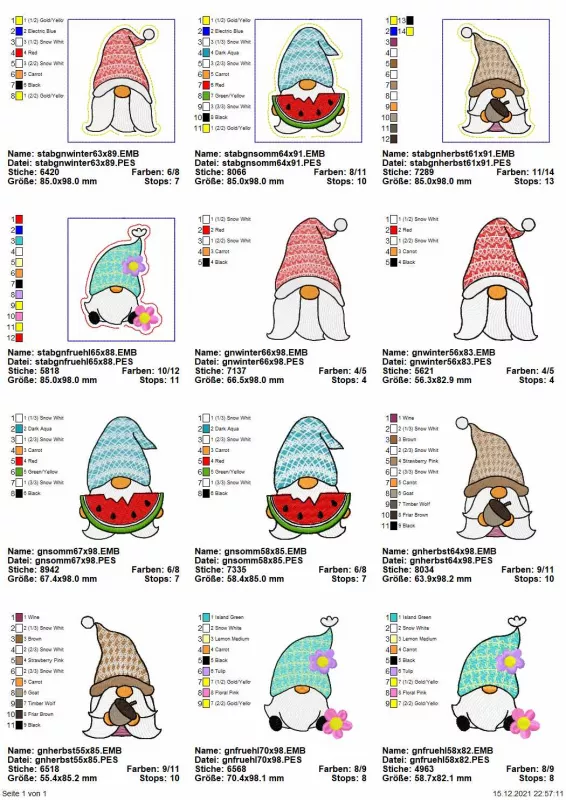 Stickdatei Set ITH Stabgnome 4 Jahreszeiten (10x10), Übersicht mit 12 Dateien. Alles Gnome, unterschiedliche Motive, je nach Jahreszeit. 4 mal für Stab; 8 mal für Einzelornament.
