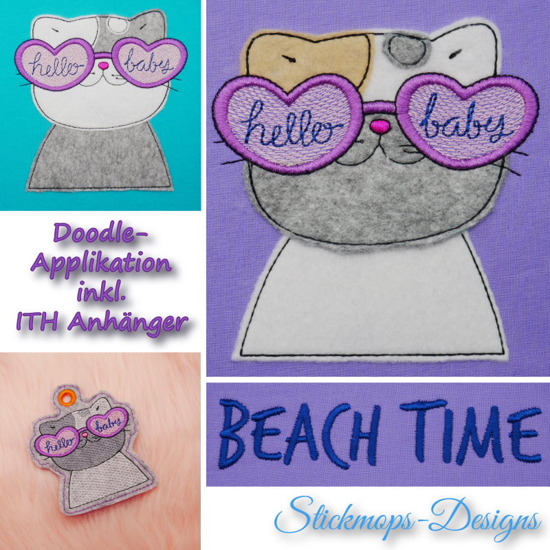Preview: Stickdatei Set Beach Time Cat Doodle Applikation inkl. ITH Anhänger