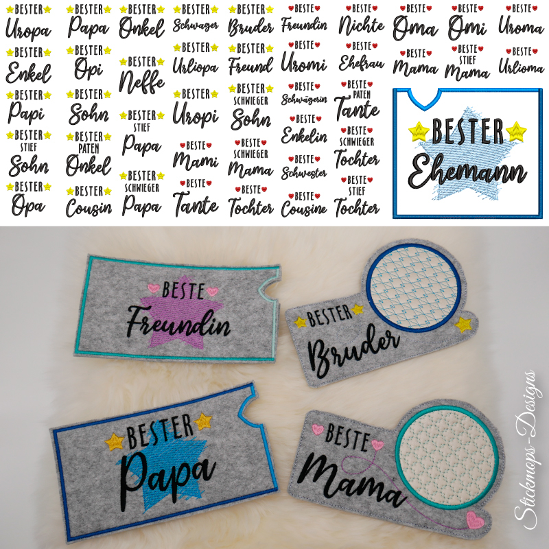 Stickdatei Set "die Besten" mit ITH Mug Rugs, Schokohüllen & Schriftzügen