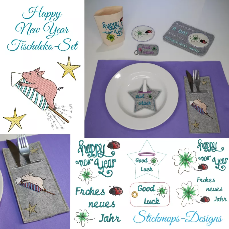 Stickdatei Set Happy new Year Tischdeko (div. Rahmengrößen)