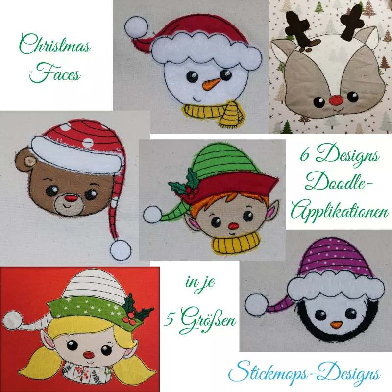 Stickdatei Set Christmas Faces Doodle-Applikationen