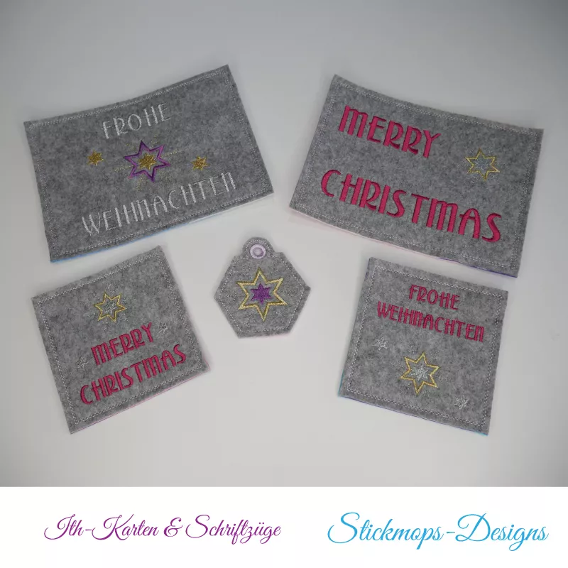 Stickdatei Set ITH Weihnachtskarten, Geschenkanhänger und Schriftzüge