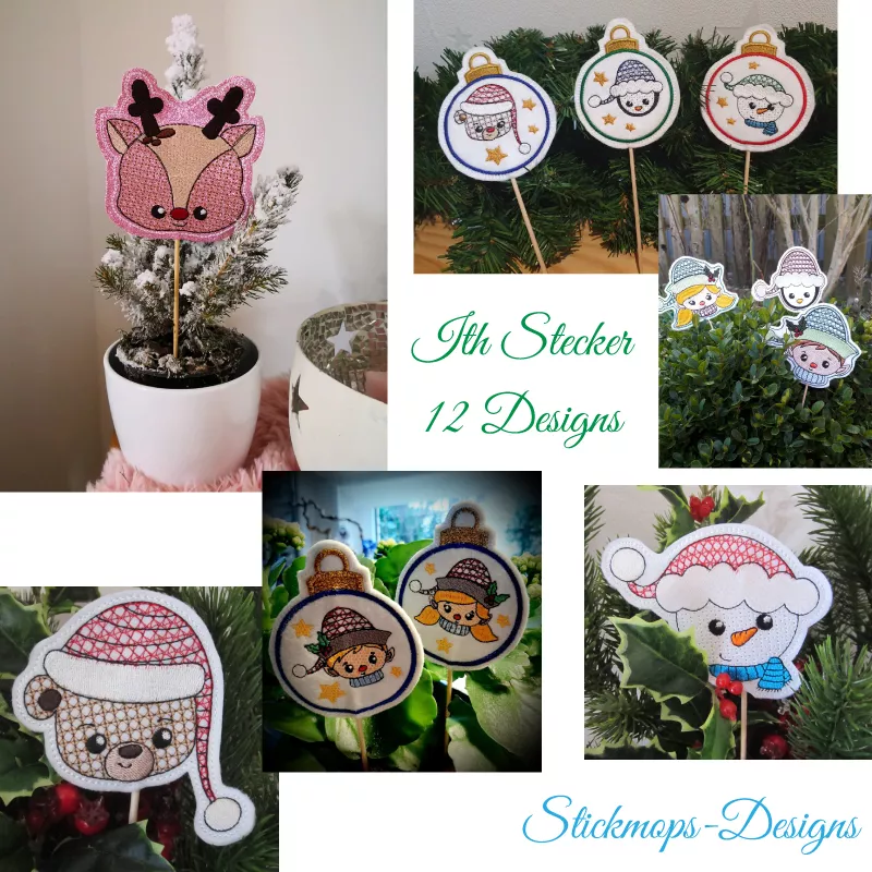 Stickdatei Set ITH Stecker Christmas Faces für Schaschlikspieße