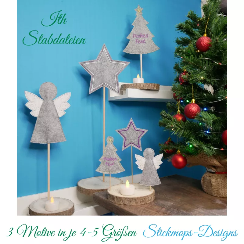 Stickdatei Set ITH Stabdateien mit Engel, Stern und Christbaum
