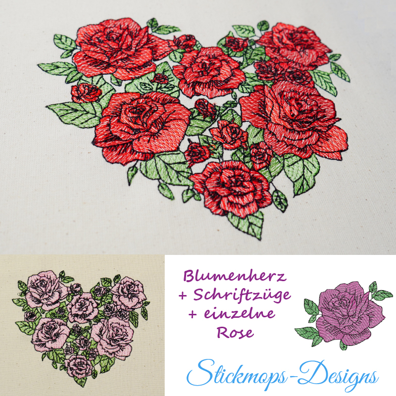 Preview: Stickdatei Blumenherz Lineart mit und ohne Vollstickflächen + einzelne Rose extra