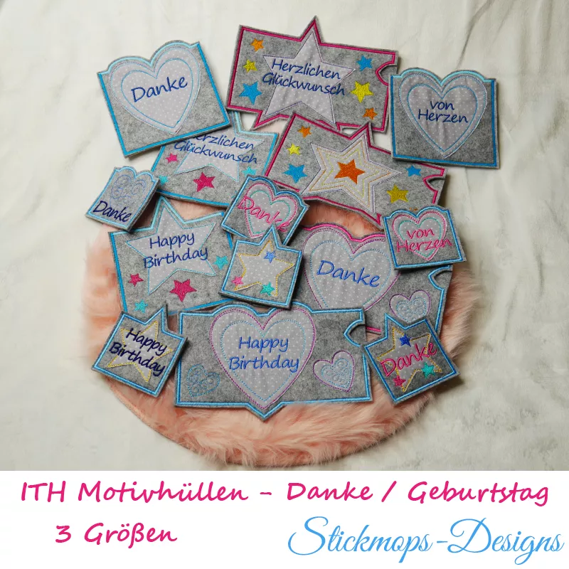 Stickdatei Set ITH Gutschein- und Schokohüllen Danke und Geburtstag