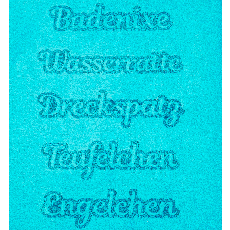 Stickdatei Set Embossed Schriftzüge für Handtücher z.B. Badenixe, Wasserratte, Dreckspatz, Teufelchen, Engelchen.