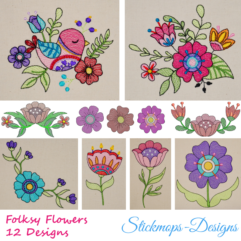 Gr\u00f6\u00dfen Stickdatei Set Folksy Flowers Blumen mit Vogel Florale verspielte Motive