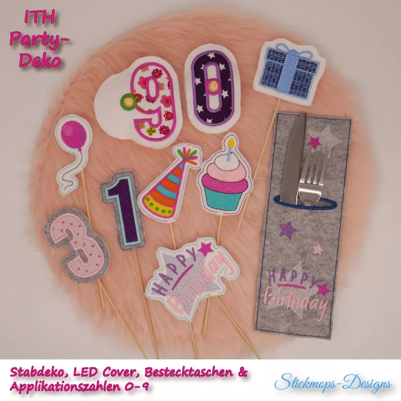 Stickdatei Set ITH Party-Deko LED Cover, Stabdesigns, Bestecktaschen und Applikationen