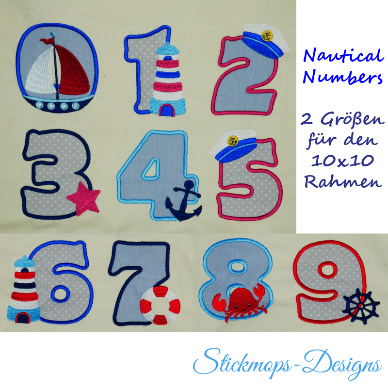 Preview: Stickdatei Set Maritime Zahlen (8 und 10 cm Höhe) mit süßen kleinen Meeresmotiven, Foto mit Motiven auf hellem Stoff. Diese bestehen aus einem Segelboot im Oval als Null und den Zahlen 1-9, wobei letztere je ein maritimes Symbol aufweisen (Leuchtturm; Kap