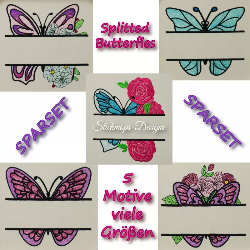 Stickdatei Sparset Splitted Butterflies in verschiedenen Größen