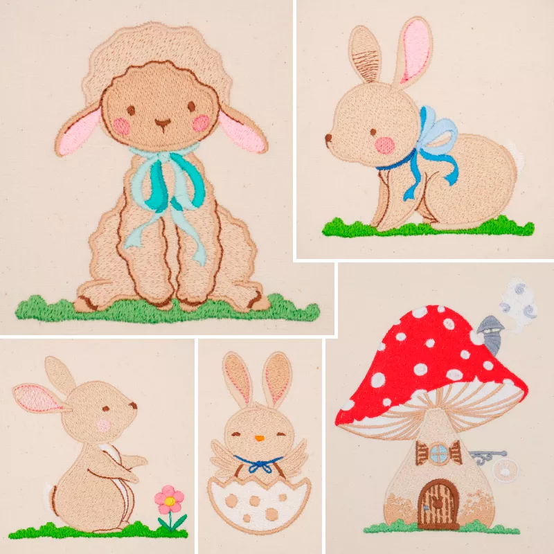 Stickdatei Set Sweet Easter 5 Tiere ausgestickt auf Baumwolle.