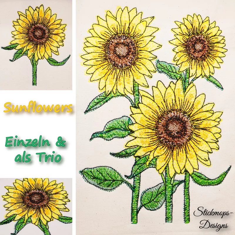 Sonnenblumen in verschiedenen Varianten Übersicht gestickt