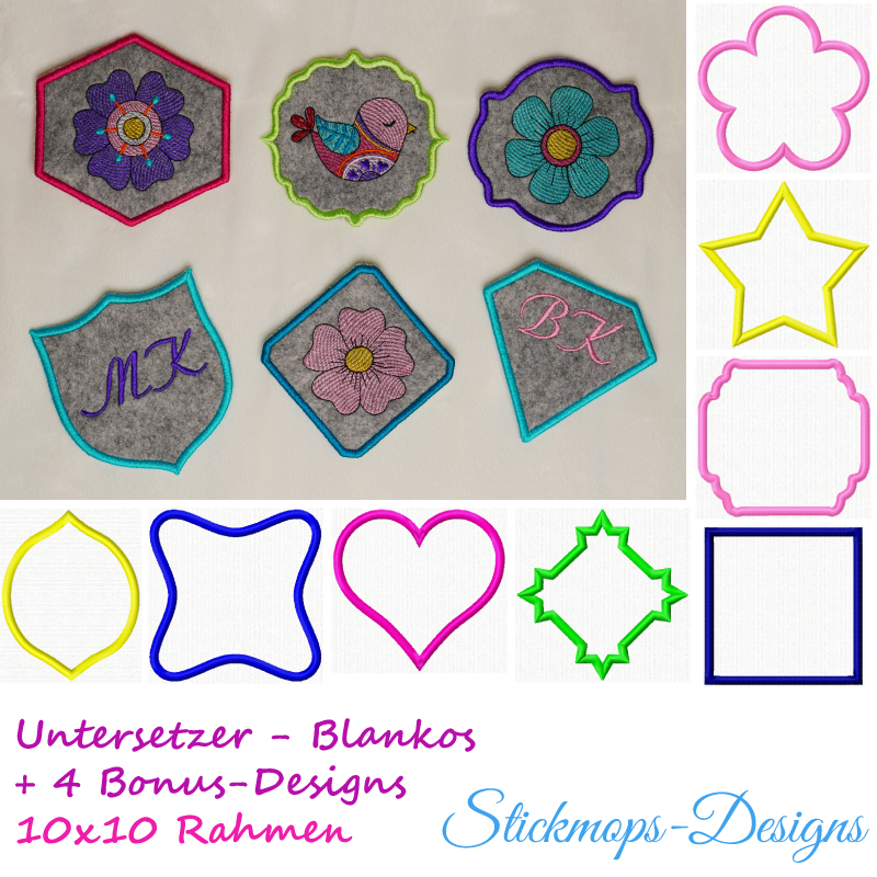 Preview: Stickdatei Set Blanko ITH Untersetzer + 4 Bonusmotive aus den Folksy Flowers