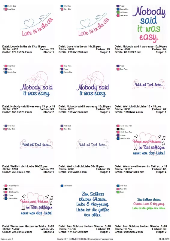 Stickdatei Set Weil ich Dich liebe! (Für 10x10, 13x18 und 18x30), Übersicht mit 12 Dateien. Schriftzüge, teilweise mit Verzierung. "Love is in the air", "Nobody said it was easy", "Weil ich Dich liebe", "Wenn zwei Herzen im Takt schlagen, nennt man das Li