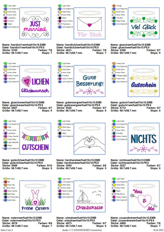 Zweites Blatt zur Übersicht der enthaltenen Stickmuster.