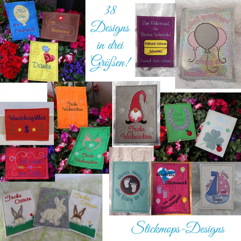 Stickdatei Set ITH Glückwunschkarten inkl. Abwandlung zur Geschenktasche (div. Rahmengr.)