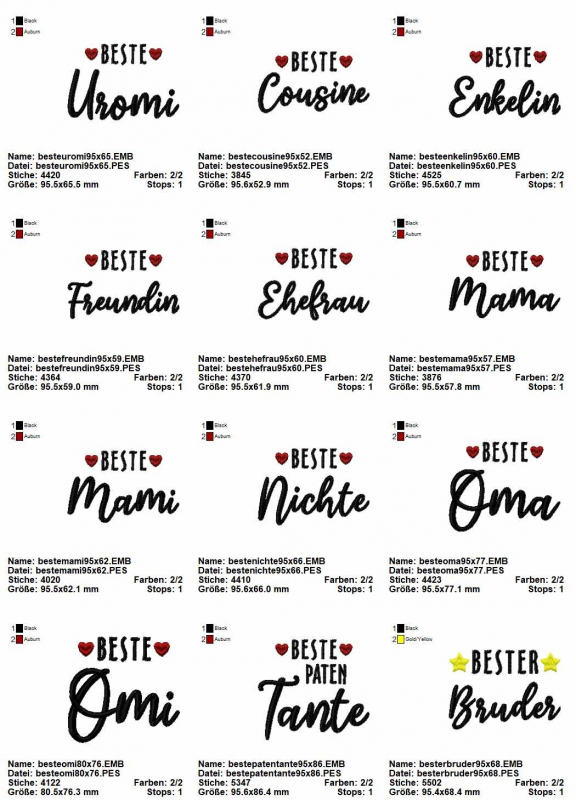 Stickdatei Set Schriftzüge "die besten" 10x10. Übersicht mit diversen Schriftzugvarianten. Beste Uromi, Beste Cousine, Beste Enkelin, Beste Freundin, Beste Ehefrau, Beste Mama, bzw. Mami, Beste Nichte, Beste Oma, bzw. Omi, Beste Patentante, Bester Bruder