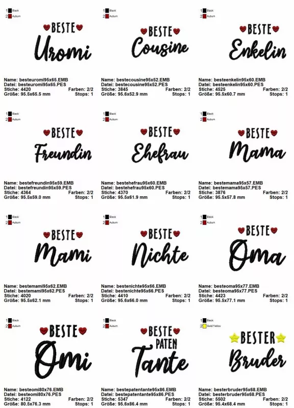 Stickdatei Set Schriftzüge "die besten" 10x10. Übersicht mit diversen Schriftzugvarianten.  Beste Uromi, Beste Cousine, Beste Enkelin, Beste Freundin, Beste Ehefrau, Beste Mama, bzw. Mami, Beste Nichte, Beste Oma, bzw. Omi, Beste Patentante, Bester Bruder