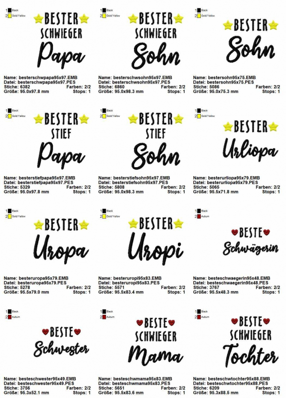 Stickdatei Set Schriftzüge "die besten" 10x10. Übersicht mit schwarzen Schriftzügen: Bester Schwiegerpapa, Bester Schwiegersohn, Bester Sohn, Bester Stiefpapa, Bester Stiefsohn, Bester Urliopa, bzw. Uropa, bzw. Uropi. Dabei Umrahmung "Bester" mit je eine