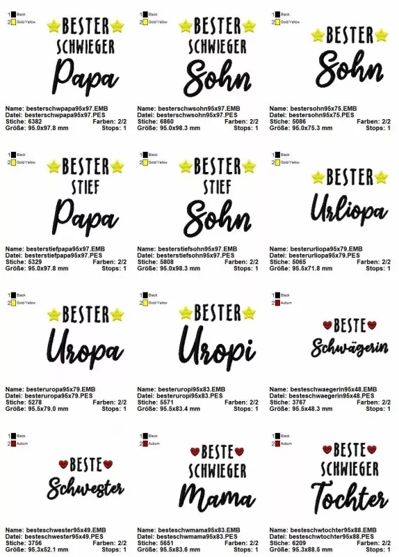 Stickdatei Set Schriftzüge "die besten" 10x10. Übersicht mit schwarzen Schriftzügen: Bester Schwiegerpapa, Bester Schwiegersohn, Bester Sohn, Bester Stiefpapa, Bester Stiefsohn, Bester Urliopa, bzw. Uropa,  bzw. Uropi. Dabei Umrahmung "Bester" mit je eine