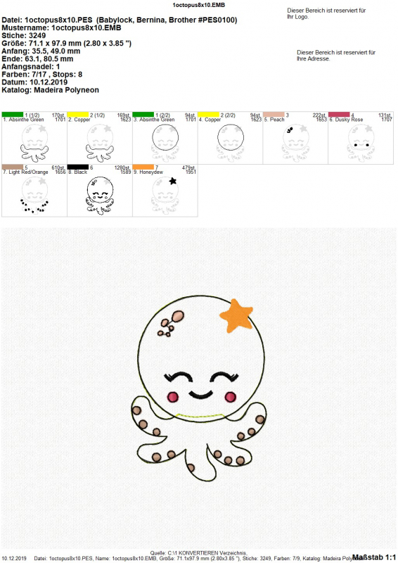 Stickdatei Octopus Applikation für Jungs, Übersicht über 9 Dateien, die jeweils ein Stickareal für 1 Oktopus codieren. Unten Foto zur Fertigansicht. Stickdatei Octopus Applikation für Jungs, Übersicht über 9 Dateien, die jeweils ein Stickareal für 1 Oktopus codieren. Unten Foto zur Fertigansicht.
