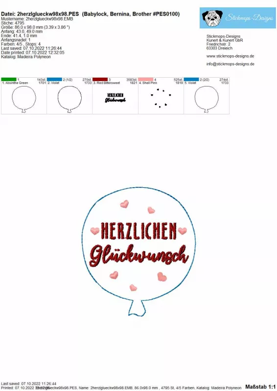 Farblagen Glückwunsch Stickdatei Stabdeko Ballon