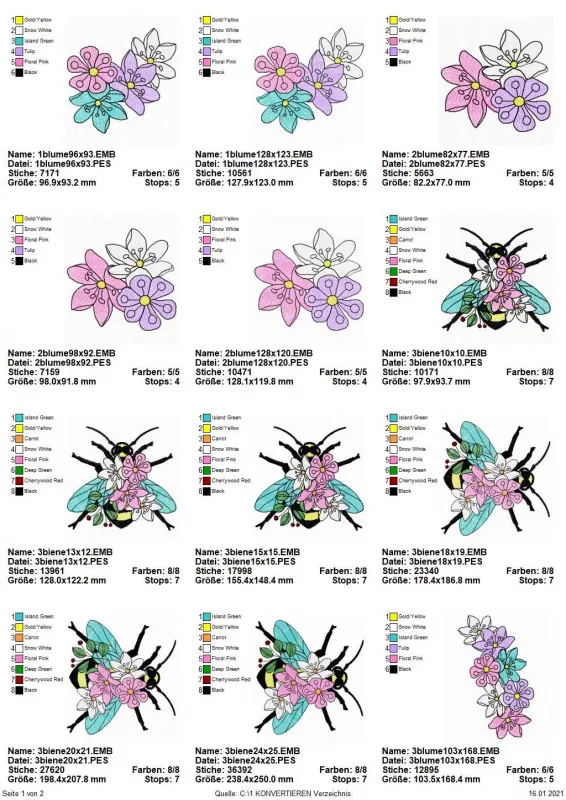 Übersicht Stickdatei Biene Vollstick Florale Motive Teil 1