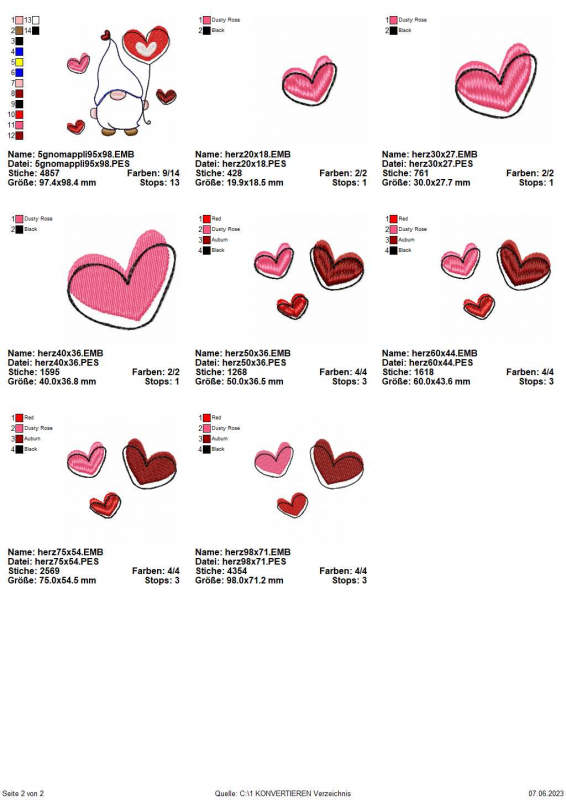 Stickdatei Lovegnome 5 Doodle-Applikation, Übersicht mit 8 Dateien. 1 mal Gnom mit Herzluftballon, umgeben von Herzchen. 3 mal einzelnes Herz; 4 mal Dreifach-Herzchen.