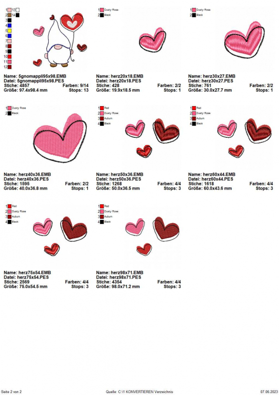 Stickdatei Lovegnome 5 Doodle-Applikation, Übersicht mit 8 Dateien. 1 mal Gnom mit Herzluftballon, umgeben von Herzchen. 3 mal einzelnes Herz; 4 mal Dreifach-Herzchen. Stickdatei Lovegnome 5 Doodle-Applikation, Übersicht mit 8 Dateien. 1 mal Gnom mit Herzluftballon, umgeben von Herzchen. 3 mal einzelnes Herz; 4 mal Dreifach-Herzchen.