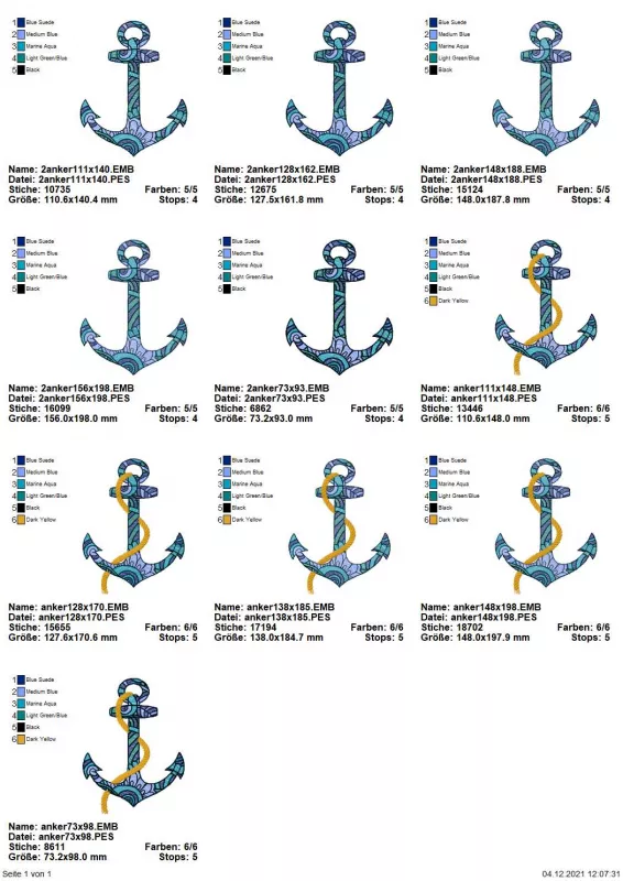 Stickdatei Set Anker Übersicht