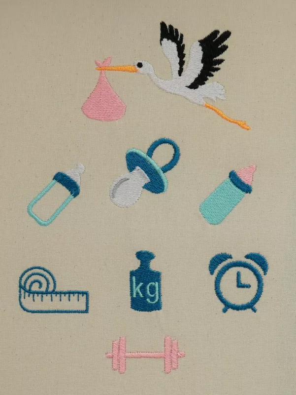 Baby Symbole Storch Nuckel Flasche Maßband Wecker Gewichte