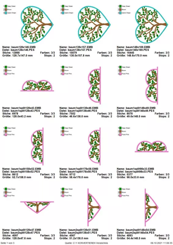 Stickdatei Set Monogramm Motiv Baum inkl. ITH Schild, Übersicht mit 12 Dateien, dabei 3 mal komplettes Herz, gefüllt mit Baum. 6 mal obere Hälfte des Herz-Baum-Elements, 3 mal untere Hälfte davon.