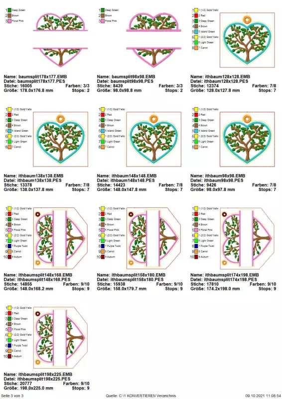 Stickdatei Set Monogramm Motiv Baum inkl. ITH Schild, Übersicht über 10 Dateien. 4 mal baumbesticktes Herz, oben mittig 1 Öse. 6 mal baumbesticktes Herz, in der Mitte quer davor Platz für Schriftzug, davon 4 mal mit Öse links und rechts oben, 2 mal ungeös